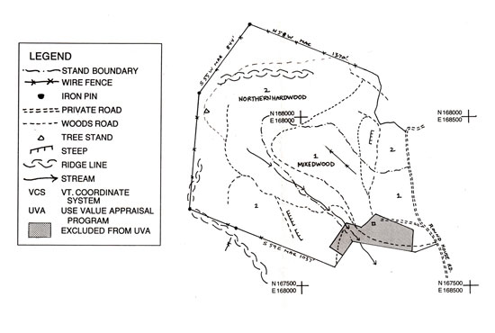 This forest has been mapped into two separate stands. Stand 1 is mixedwoods, and stand 2 is northern hardwoods.
